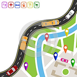Road infographics. Winding road with markers on the map terrain. The path specifies the navigator. Displaying traffic car
