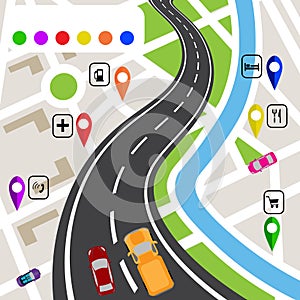 Road infographics. Winding road with markers on the map terrain. The path specifies the navigator. illustrations