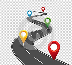 Road infographics. Winding road to success with pin pointers. Business journey way. Progress concept photo