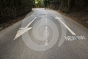 Road with the inscription Old way, New way with directional arrows. Concept for change, improvement and self-development