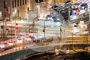 Road intersection in Oslo at night during the winter