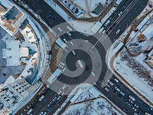Road intersection, top view, winter day, Voronezh, Russia