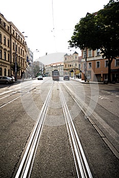 Road with iron tram tracks through bratislava