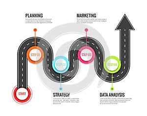 Road journey infographic. Trip directional map winding road, travel to success. Footpath vector concept