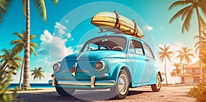 retro summer beach trip vintage travel vacation road car tropical. Generative AI.