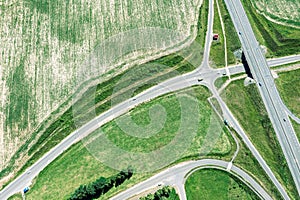 Road junction in the countryside. summer landscape. drone photo