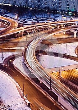 Road junction in the streets of Moscow in winter night