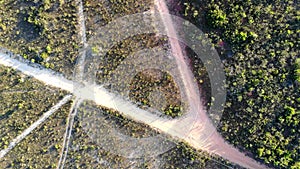 Road junction surrounded by brazilian caatinga vegetation, at sertao.