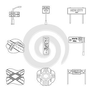 Road junctions and signs and other web icon in outline style.Guides and signs of traffic icons in set collection.