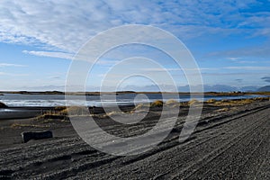 Road and landscape near Stokksness, Iceland photo