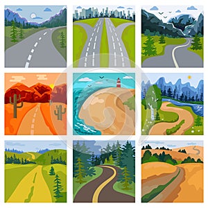 Road landscape vector roadway in forest and cityscape highway or roadside way to field lands with grass and trees in