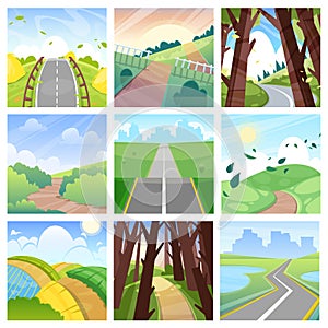 Road landscape vector roadway in forest or way to field lands with grass and trees in countryside illustration journey