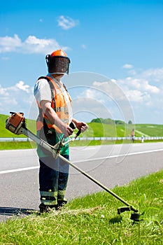 Road landscapers cutting grass using string lawn trimmers