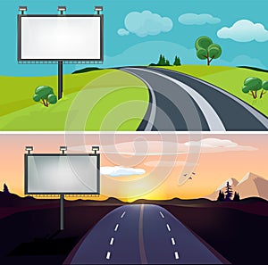 Road landscapes. Day night highway with blank billboard. Country evening morning roadway vector background