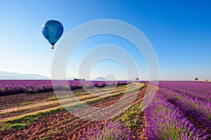 Road in lavender fields in Provence South France with hot air balloon