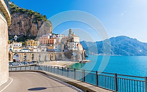 Road leading along Amalfi coast to small town Atrani in province of Salerno, Campania region, Italy