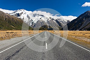 Road leading into Aoraki Mt Cook National Park NZ