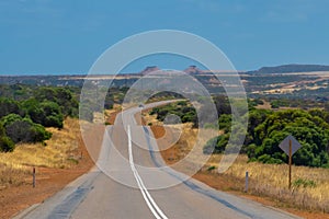 Road leading over small hills in australian bush landscape during spring