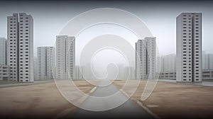 Road leading to the gloomy district with boring gray skyscrapers. Construction project in the middle of a desert. Generative AI