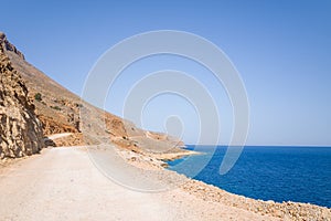 The road leading to the paradise sandy beach , in Europe, Greece, Crete, Balos, By the Mediterranean Sea, in summer, on a sunny