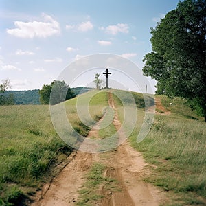 The road leads into the distance, at the end of the road there is a grave cross, the concept of finiteness