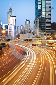 Road light trails on streetscape buildings in HongKong