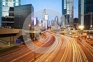 Road light trails on streetscape buildings in HongKong