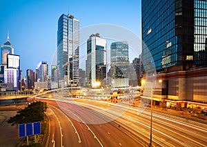 Road light trails on streetscape buildings in HongKong