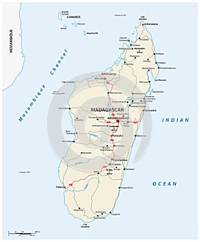 Road map of the African island nation of Madagascar