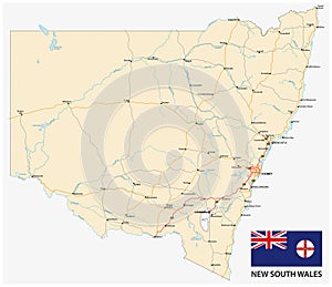 Road map of the Australian state New South Wales map with flag