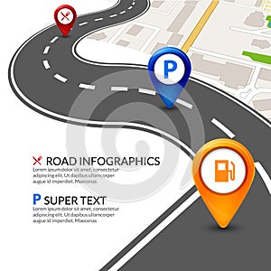 Road map city infographic with colorful pins pointer. Road street navigation perspective map template