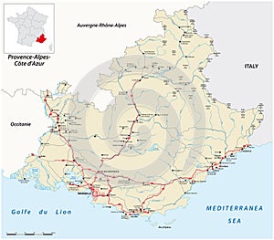 Road map of the French region of Provence-Alpes-Cote d Azur