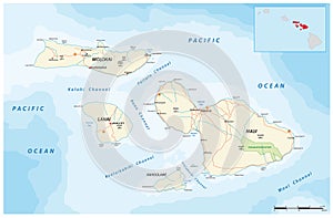 Road map of the Hawaiian Islands of Maui, Molokai, Lanai and Kahoolawe