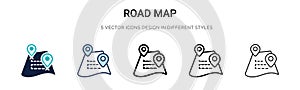 Road map icon in filled, thin line, outline and stroke style. Vector illustration of two colored and black road map vector icons