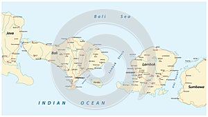 Road map of Indonesian Lesser Sunda Islands Bali and Lombok