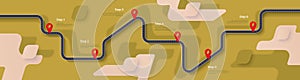 Road map and journey route infographics template. Winding road timeline illustration. Ð¡ountryside theme. Flat vector illustration