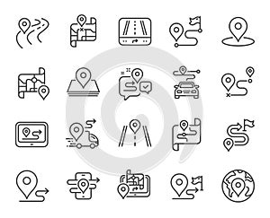 Road map line icons. Journey path, Route map and Trip distance icons. Vector