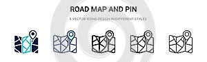 Road map and pin icon in filled, thin line, outline and stroke style. Vector illustration of two colored and black road map and