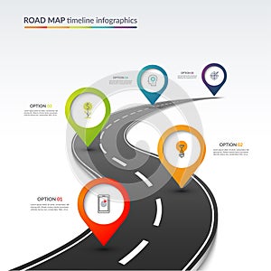 Road map timeline infographic template with 5 colorful pin pointers on the way. Vector illustration