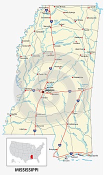 Road map of the US American State of mississippi