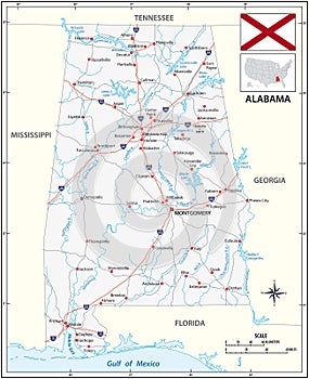 Road map of the US state of Alabama with flag