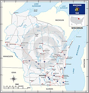 Road map of the US state of Wisconsin with flag