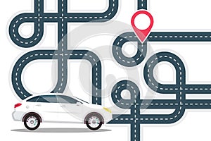 Road Map with White Car on Start and Red Pin the Location on Destination Point. Vector Journey Concept.