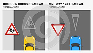 Road markings meaning. Children crossing, school ahead and give way or yield markings. Traffic sign rule.