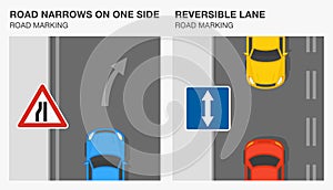 Road markings meaning infographic. Road narrows on one side and reversible lane markings. Traffic sign rule. photo