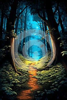 Road in Middle of a Deep Blue Dense Forest with Leaf Ceiling. Night scene. Mystic Atmosphere. AI Generative