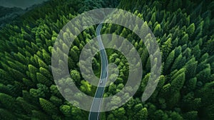 Road in the middle of the forest view from above. Generative AI