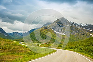 Road, mountain and beautiful sky in Lofoten island, Norway