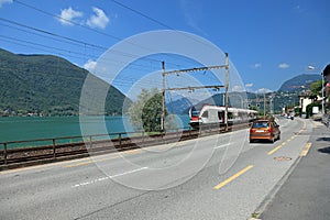 Road mountain lake landscape Switzerland Swiss train railroad railway rail blue sky summer travel transport way beautiful trip car