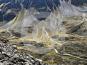 Road mountain pass Fluela FlÃ¼elapass oder Pass dal FlÃ¼ela or high alpine pass FlÃ¼ela, Davos - Canton of Grisons, Switzerland